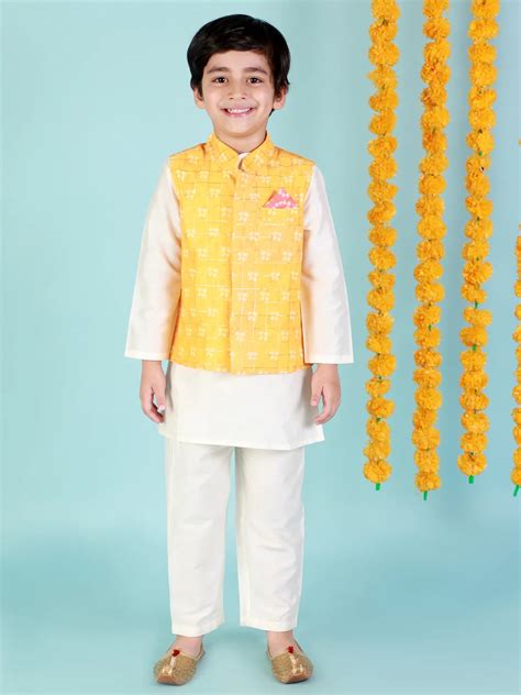 Lil Drama Stylish boys kurta pyjama with jacket set- White – Lildrama