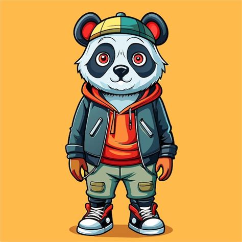 Cute cool panda wearing jacket and sneaker hand drawn cartoon character ...