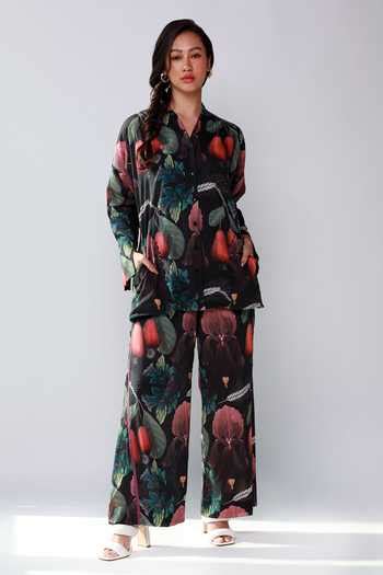 Buy Black Cotton Embroidery Split V-neck Iris Wheat Floral Print Shirt ...