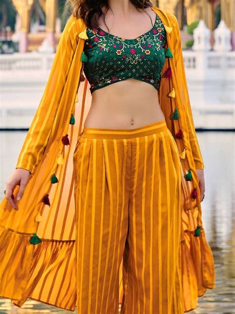 Buy Yellow Green Georgette Palazzo Top With Shrug From Ethnic Plus