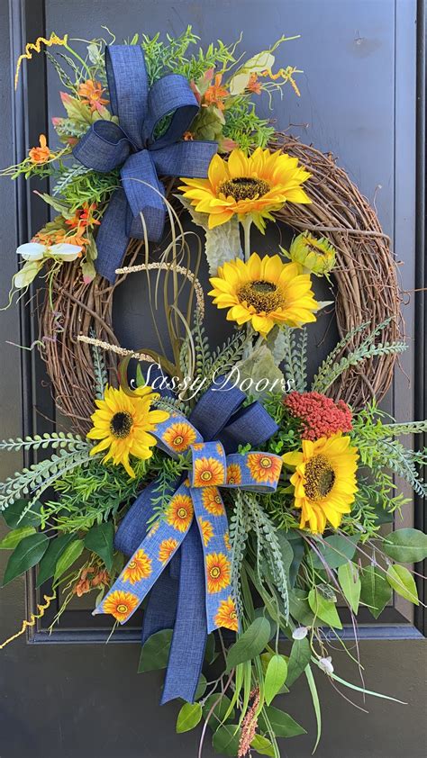 Sunflower Wreath, Denim Wreath, Sunflower Front Door Wreath, Sassy ...
