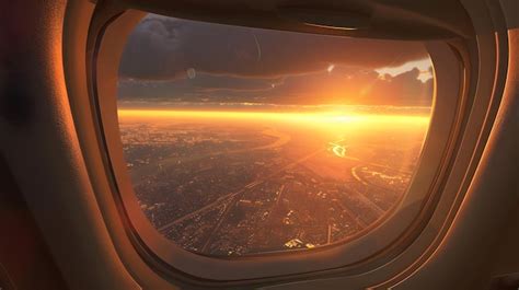 An airplane window is above the city below | Premium AI-generated image