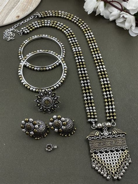 SABRINA 3 LINE DUAL TONE NECKLACE JEWELLERY SET COMBO – Naman Arts