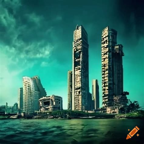Post-apocalyptic singapore city ruins with green radioactive fluids on Craiyon