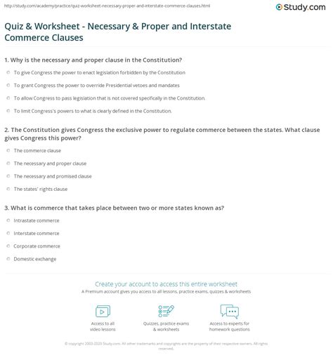 Quiz & Worksheet - Necessary & Proper and Interstate Commerce Clauses ...