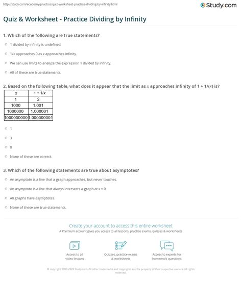 Quiz & Worksheet - Practice Dividing by Infinity | Study.com