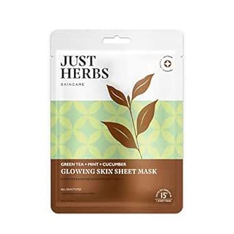 Just Herbs Sheet Mask Glowing Skin Serum Masks, 20g (Green Tea, Mint ...