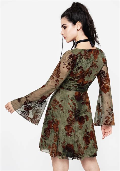 Disturbia | Rosaleigh Flock Velour Mesh Flare Sleeve Mini Dress | Dresses