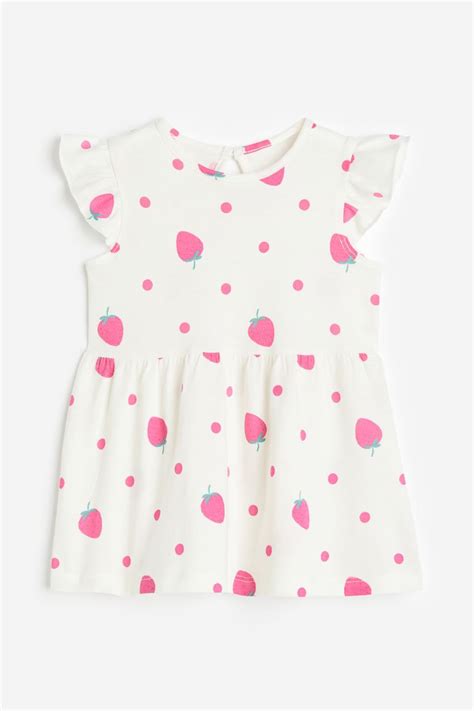 Flounce-trimmed jersey dress - White/Strawberries - Kids | H&M IN