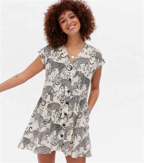 Off White Leopard Print Button Front Mini Smock Dress | New Look