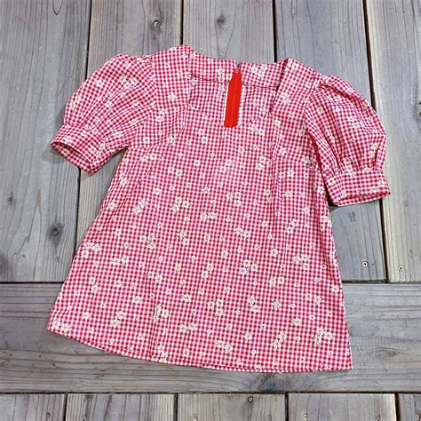 70s red gingham check flower printed top | LEMON