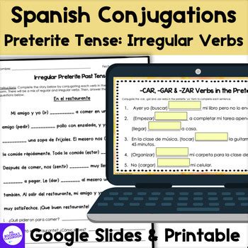 Preterite Past Tense Irregular Verbs Conjugation Practice for Spanish 1 ...