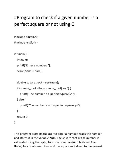 Number is a perfect square or not using- C - #Program to check if a given number is a perfect ...