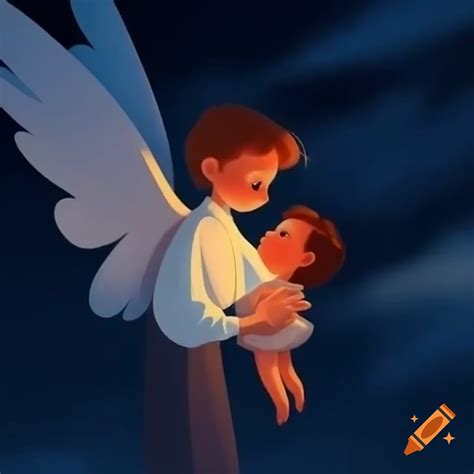 Guardian angel holding child's hand flying into night sky on Craiyon