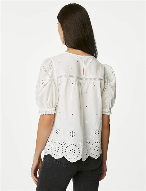 Buy Pure Cotton Broderie Puff Sleeve Blouse at Marks & Spencer