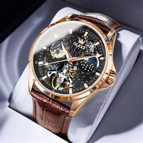 Buy OLEVS Men's Automatic Watch Skeleton Starry Sky Moon Watch Luminous ...