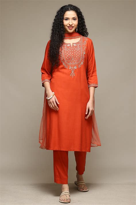 Burnt Orange Rayon Straight Kurta Pant Suit Set