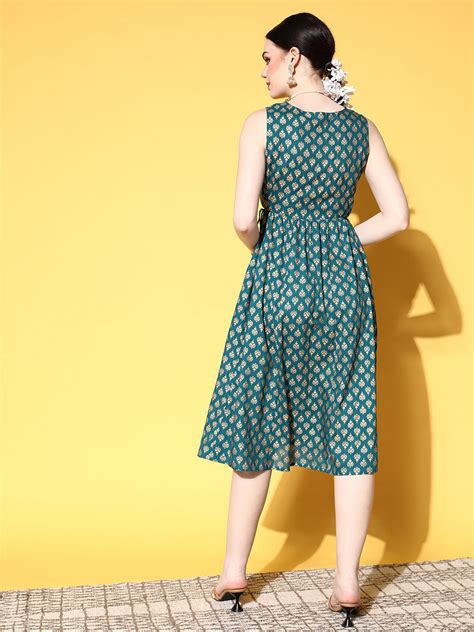 Buy Sunehri Women's Cotton Teal & Gold Foil Printed A-Line DressOnline