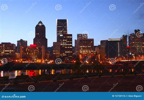 Portland Oregon at dusk. stock photo. Image of trees - 12720116