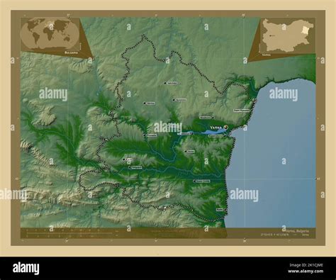 Varna, province of Bulgaria. Colored elevation map with lakes and rivers. Locations and names of ...