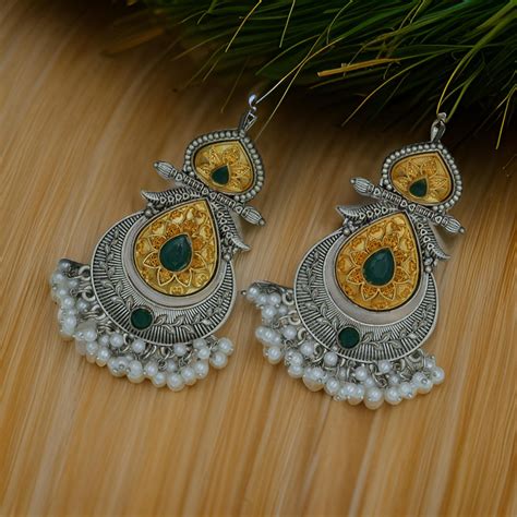 Antique German Silver Green with gold Earrings for Women – Store_of_arts