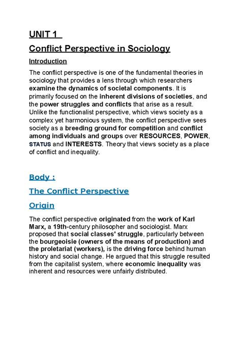 Sociology 101: Exploring the Conflict Perspective in Society - Studocu