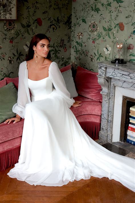 44360: Clean A-Line Dress with Chiffon Blouson Sleeves | Sincerity Bridal