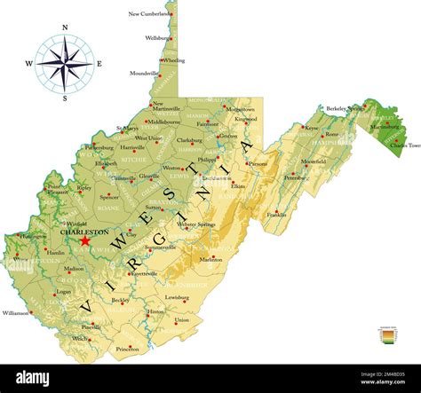 Highly detailed physical map of the West Virginia, in vector format ...