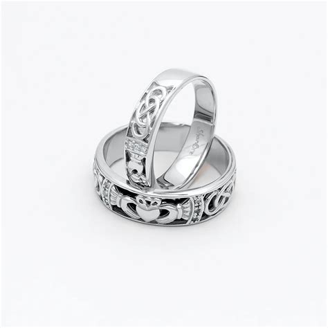 Ladies And Gents White Gold Diamond Claddagh Celtic Knot Wedding Ring ...