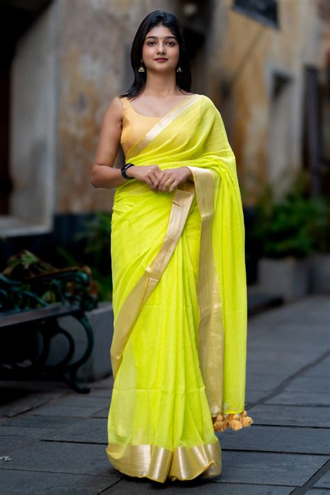 Lime Green Cotton Zari Saree with Gold Border | Lime Aura – I Love ...