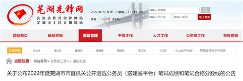 2022年安徽芜湖市直机关公开遴选公务员笔试成绩及合格分数线（已公布）