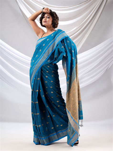 Sapphire Blue Cotton Handwoven Soft Saree With Texture Design – Charukriti
