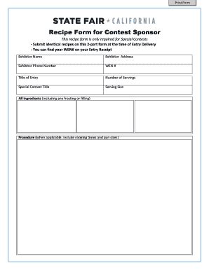 Recipe Form for Contest Sponsor - Blank Fillable Template | Fill Out ...