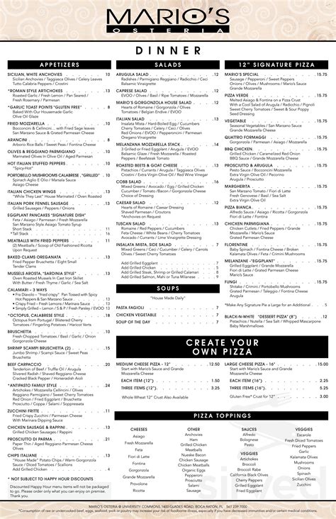 Mario's Osteria menu in Boca Raton, Florida, USA