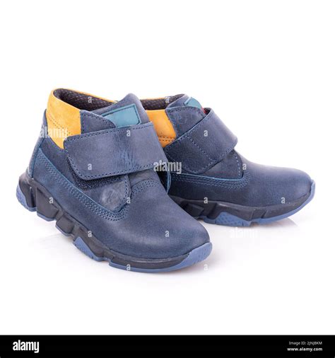 Close up of fashionable blue autumn velcro shoes for toddlers boys ...