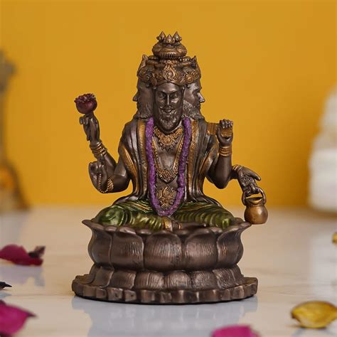 Buy eCraftIndia Bronze Resin Lord Brahma Idol Sitting on Lotus Flower ...