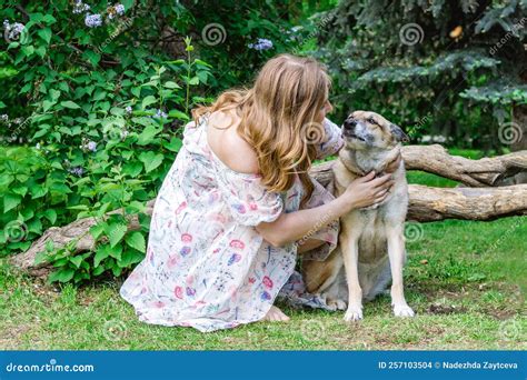 Portrait of Beautiful Young Woman with Her Dog. Gentle Relationship ...