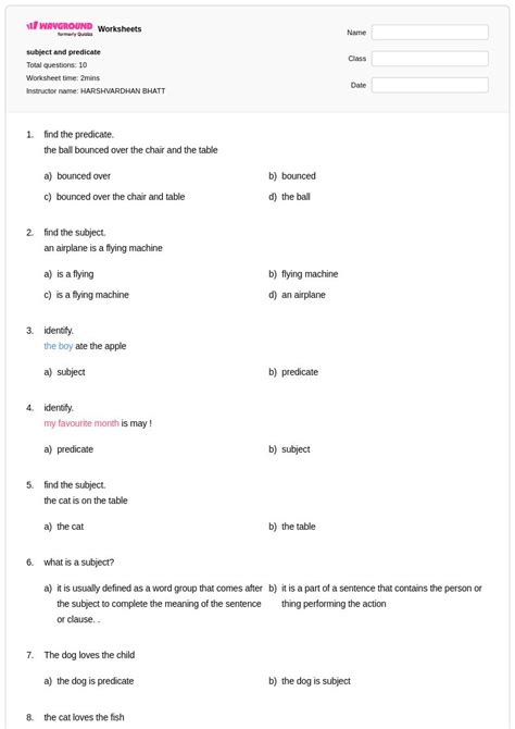 50+ Subject and Predicate worksheets for Class 6 on Wayground | Free ...