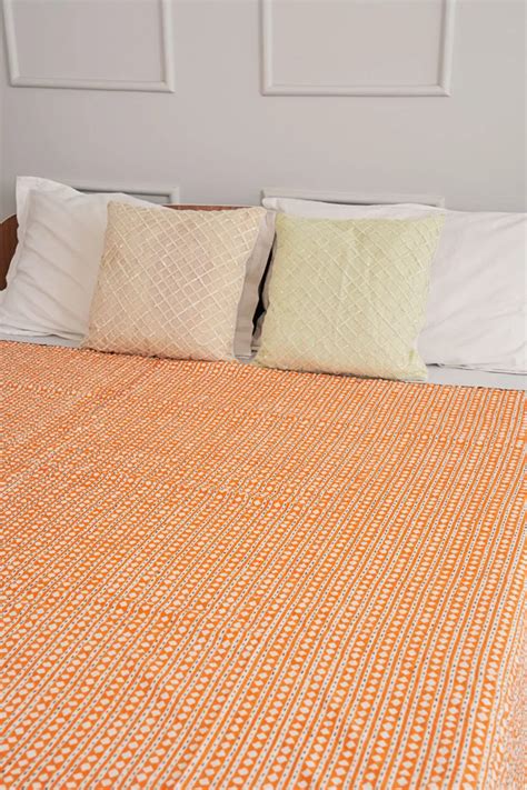 Buy Traditional Hand Block Printed Orange Queen Diamond Kantha Quilt