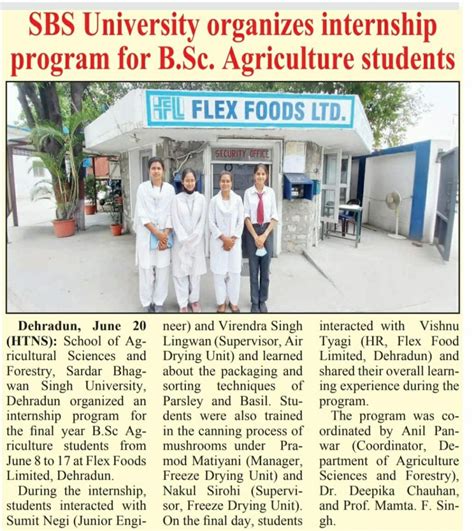 Internship program at Flex Food Limited, Dehradun | Campus News | SBS ...