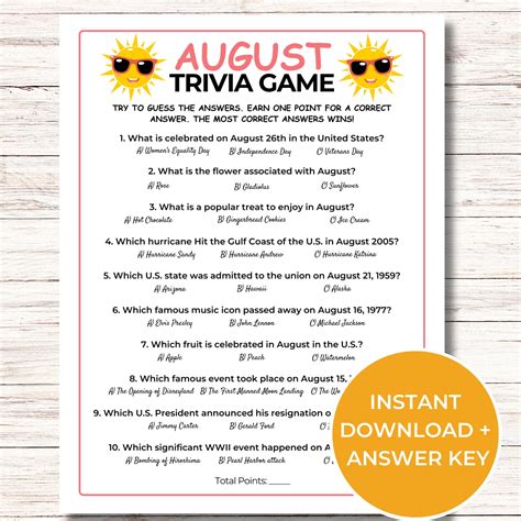 August Trivia Game, Printable August Quiz, Summer Party Game, Summer ...