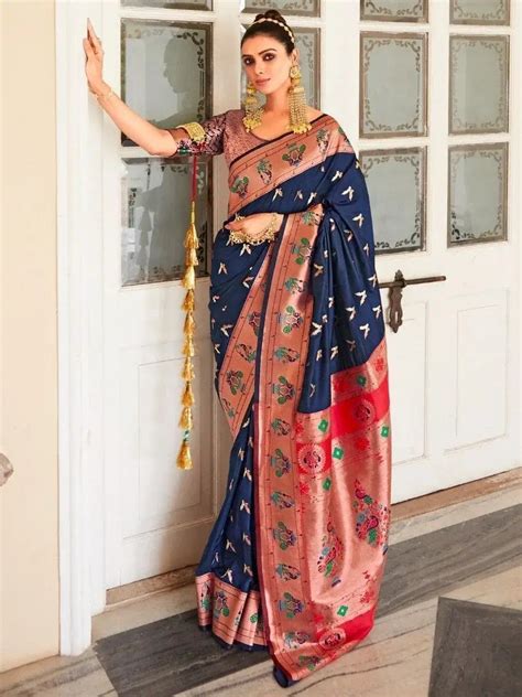 Buy Navy Blue Zari Woven Silk Festival Wear Saree From Ethnic Plus