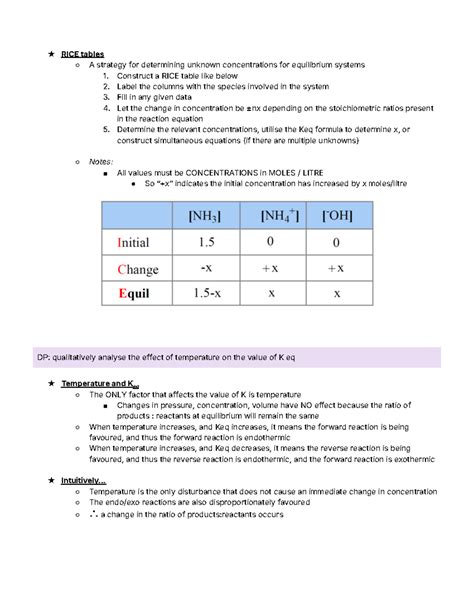 Y12 Chemistry M5 RICE Table & Keq Notes for Equilibrium Systems - Studocu