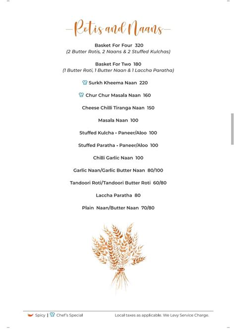 Menu at Chambal, Bengaluru