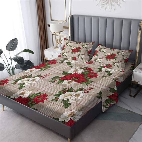 Amazon.com: zcsm Poinsettia Christmas Sheets King Size Bed Set - Red ...