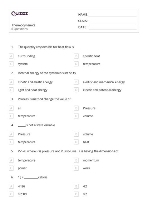 50+ thermodynamics worksheets for 11th Class on Quizizz | Free & Printable