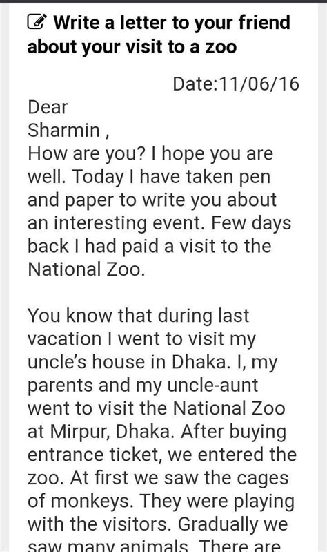 Write a letter to your friend asking him to visit a zoo with you ...