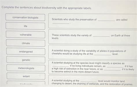 Solved Complete the sentences about biodiversity with the | Chegg.com