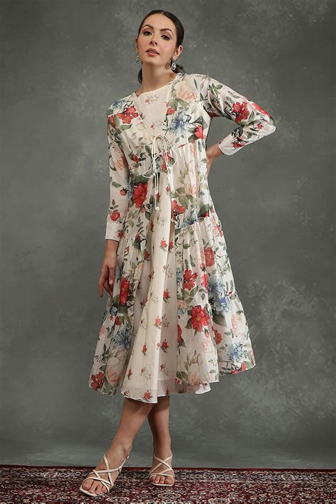 Buy Rohit Bal Ivory Silk Chanderi Floral Front-Open Dress Online at ...