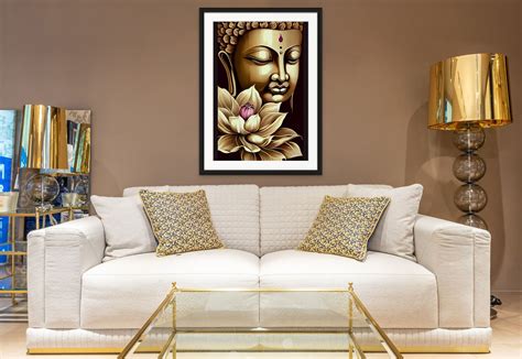 Golden Enlightenment: Oil Color Print of Lord Buddha with a Lotus Flow